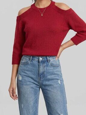 SHEIN Merlot Red Cold Shoulder Knit Sweater – Long Sleeve Pullover, Size Small